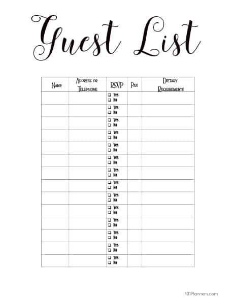 happy planner printable wedding guest list