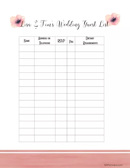 FREE printable guest list template