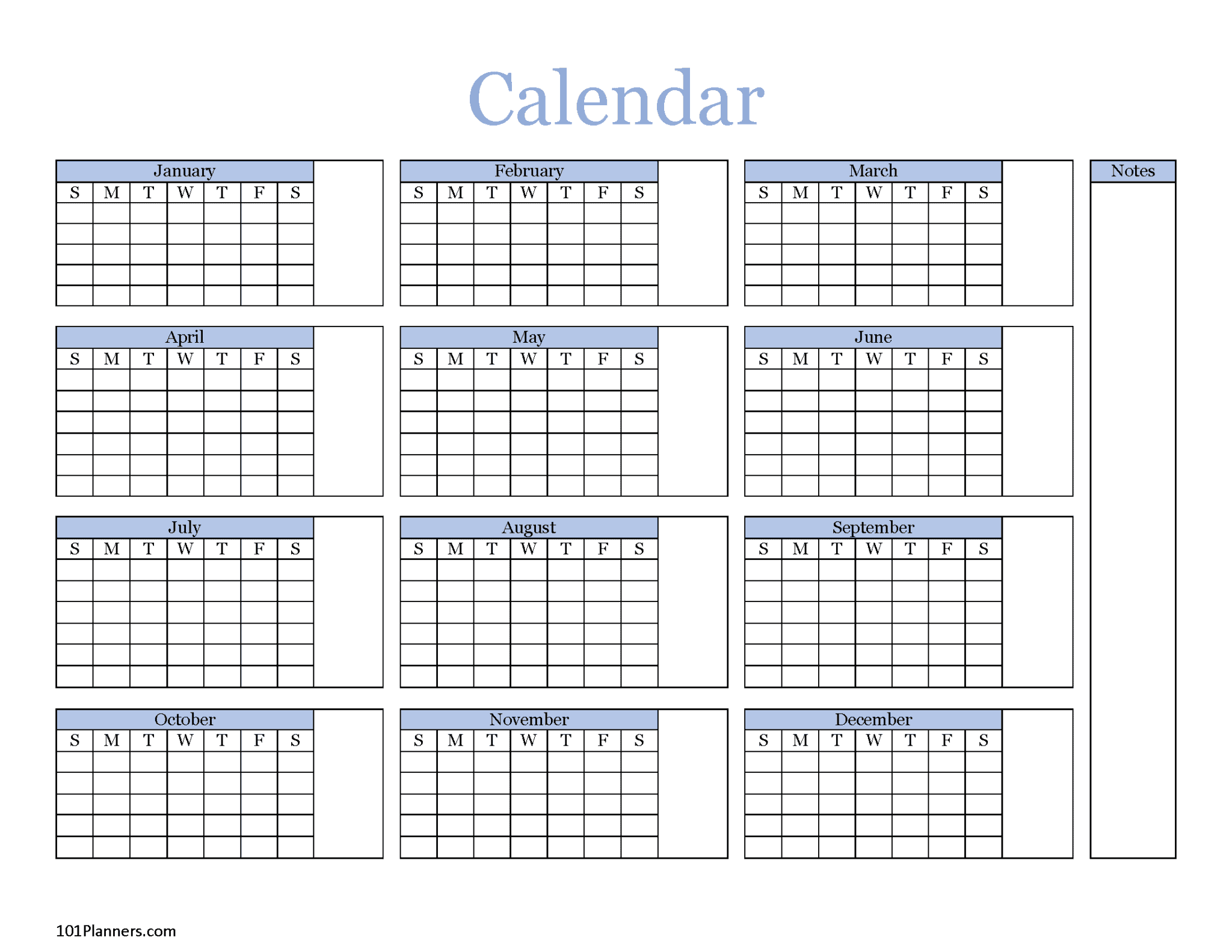 Yearly Blank Calendar | Microsoft Word, Editable PDF and Image Files
