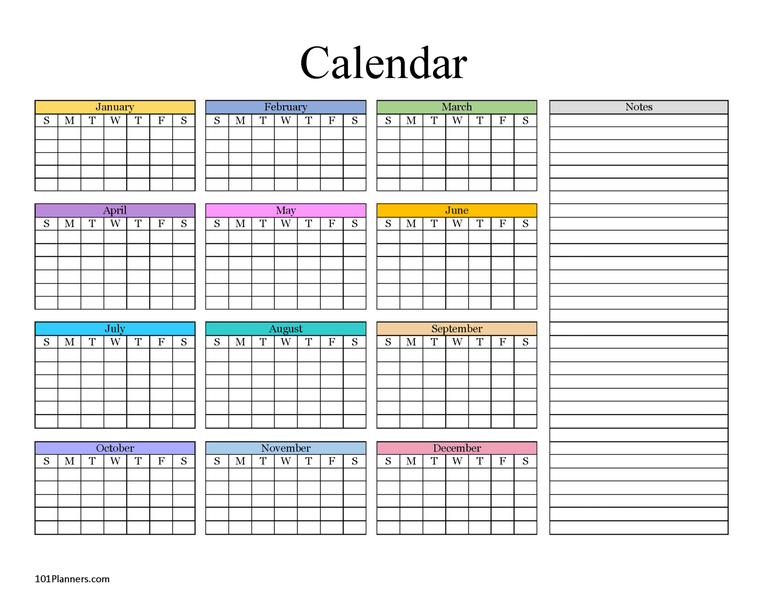 Yearly Blank Calendar Microsoft Word, Editable PDF and Image Files