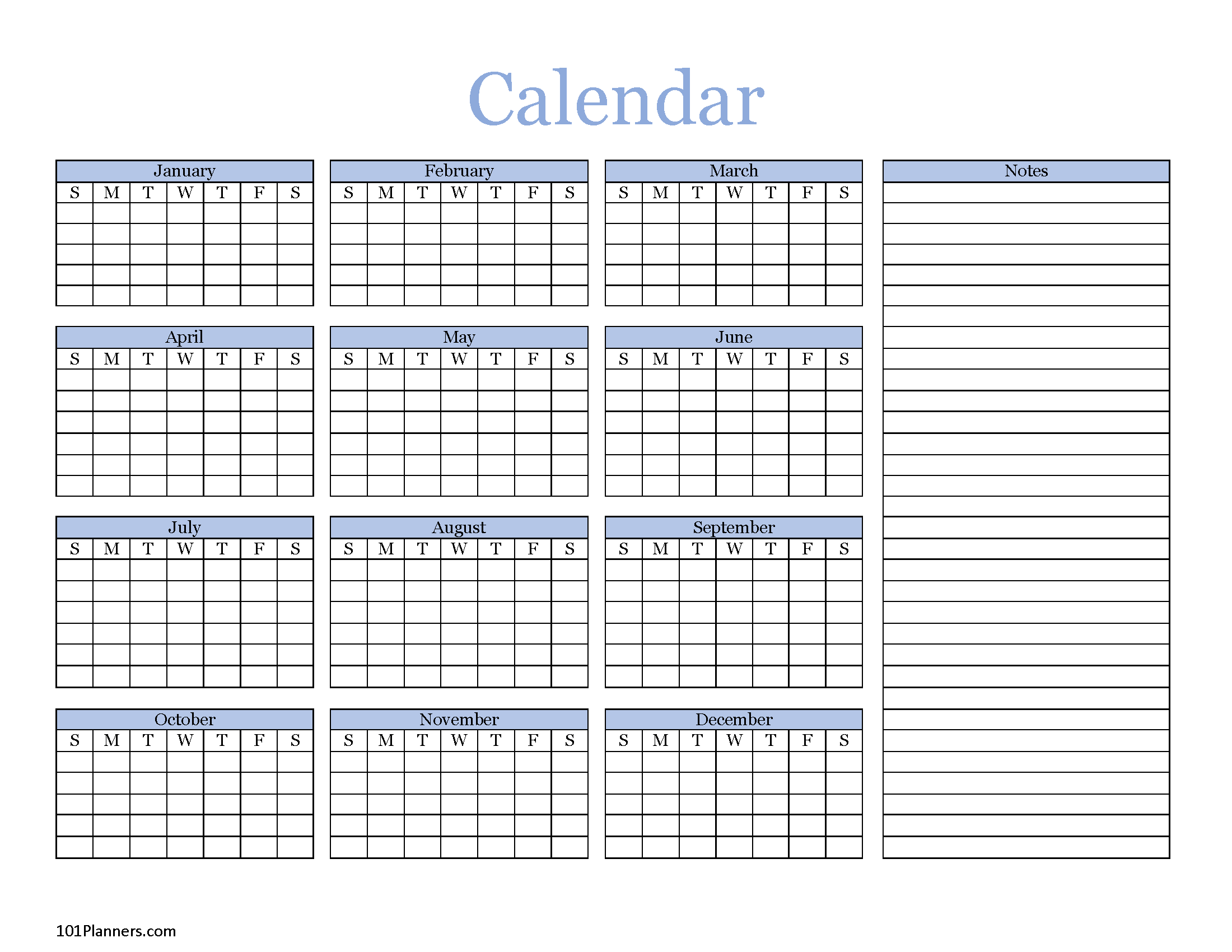 Blank Yearly Calendar Customize and Print