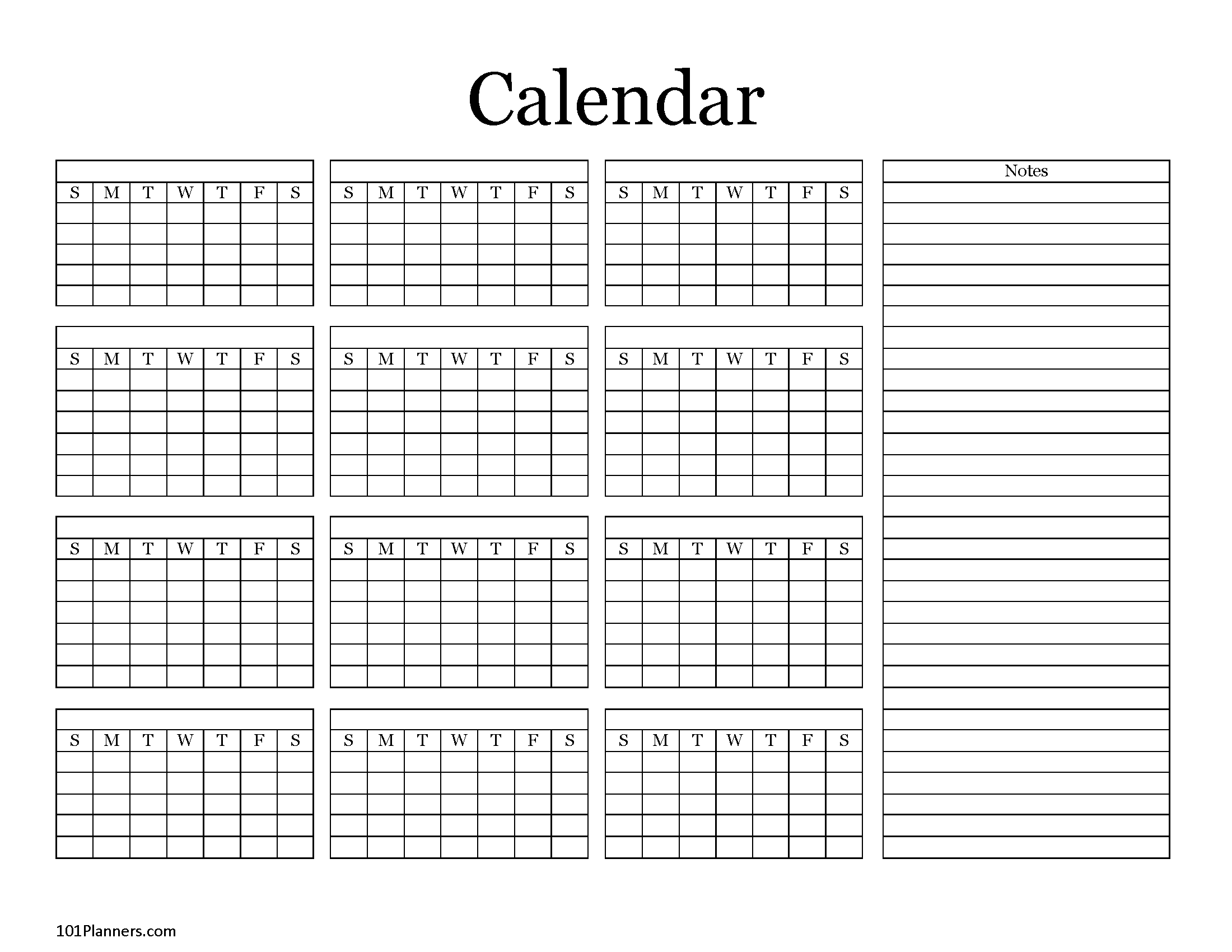 Year Blank Calendar Customize and Print
