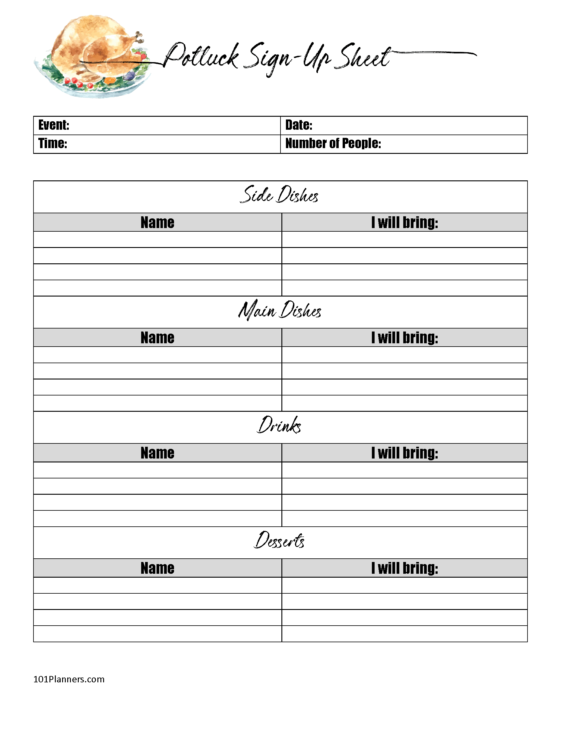 FREE Printable Potluck Sign Up Sheet | Editable | Instant Download