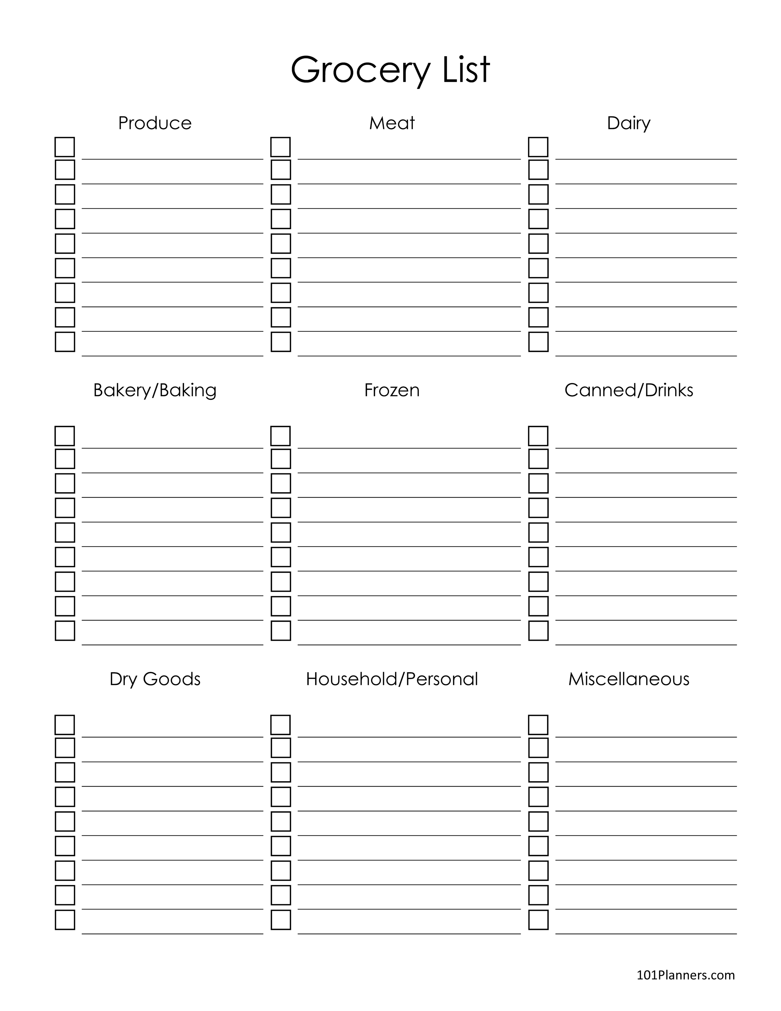 Blank Printable Grocery List Template