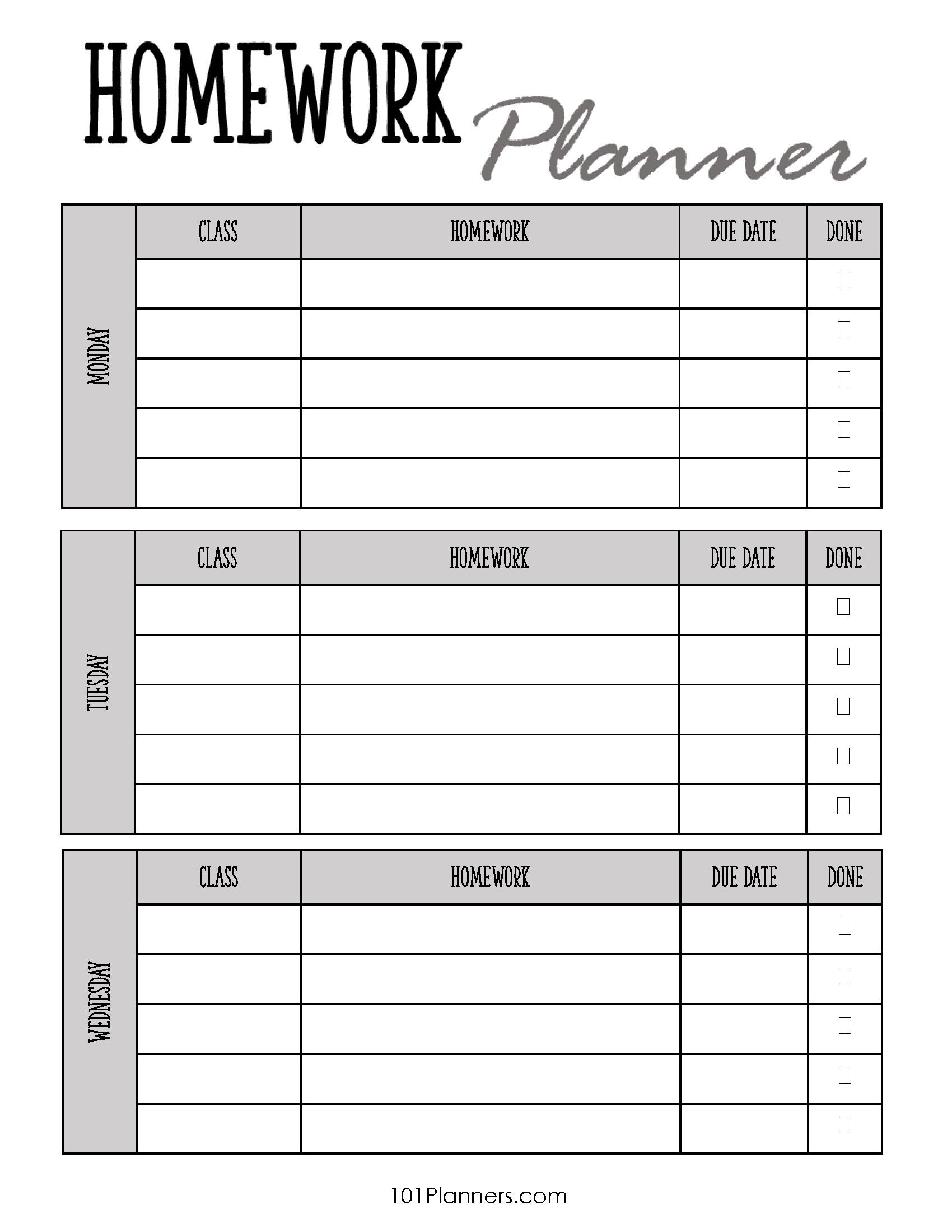 secondary school homework planner
