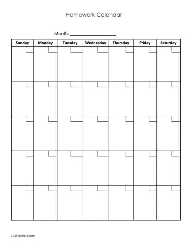 Homework Calendar Template