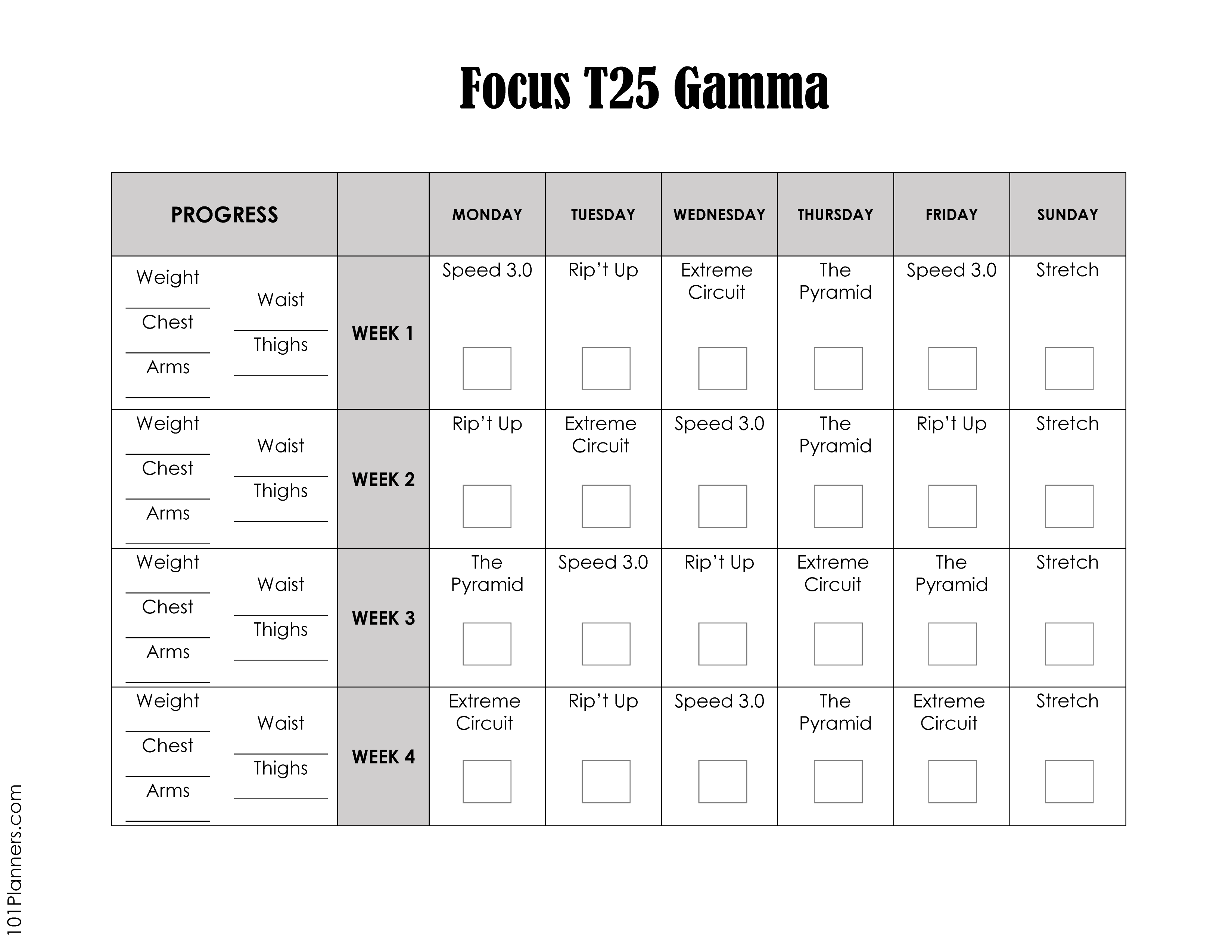 focus t25 gamma workout calendar